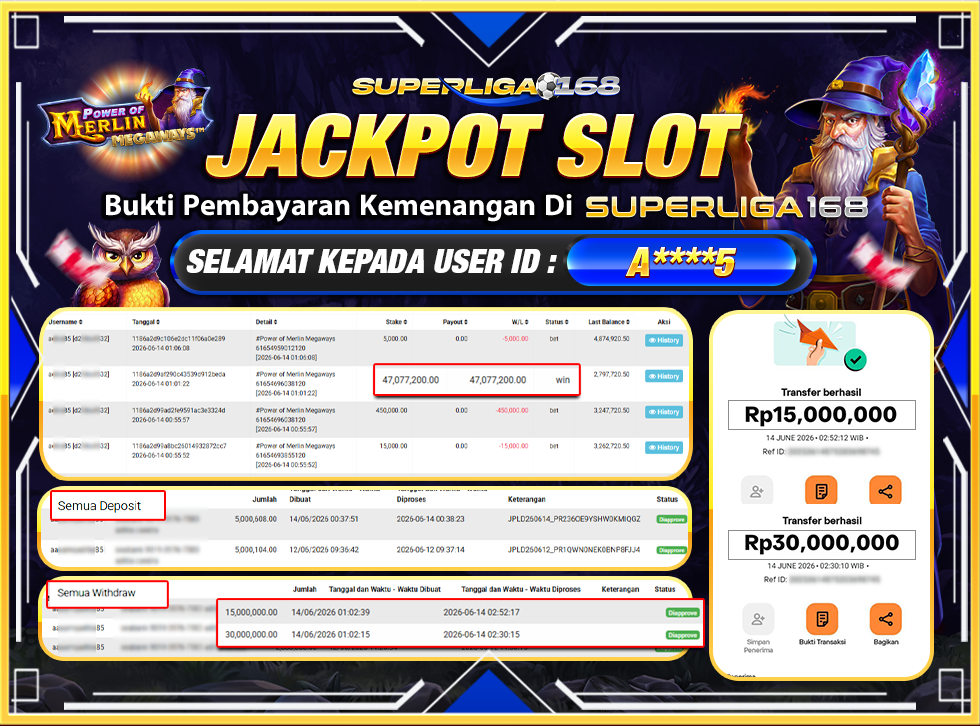SUPERLIGA168 JACKPOT POWER OF MERLIN MEGAWAYS Rp.45,000,000LUNASSS
